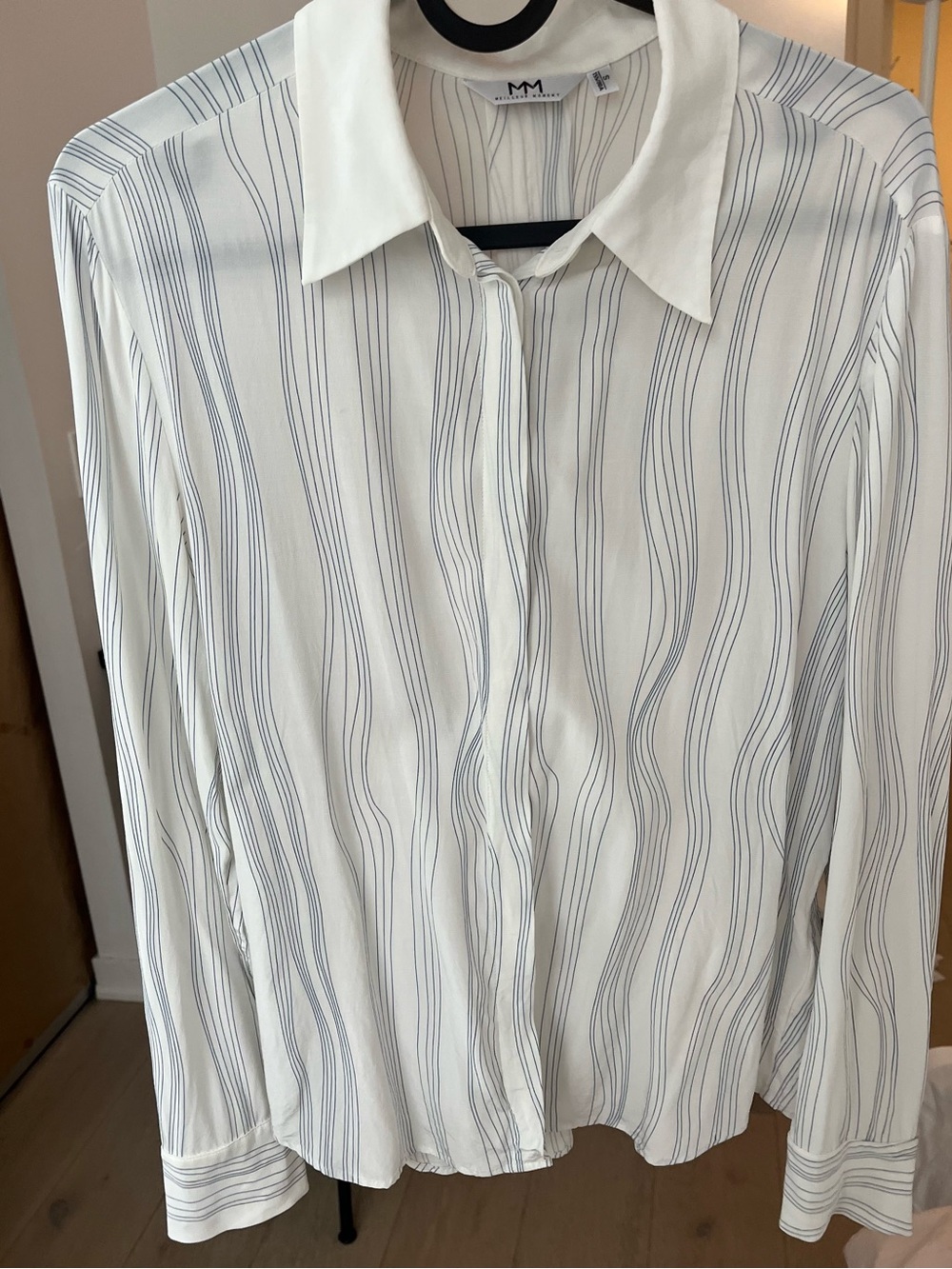 White Collared Blouse with Subtle Blue Stripe